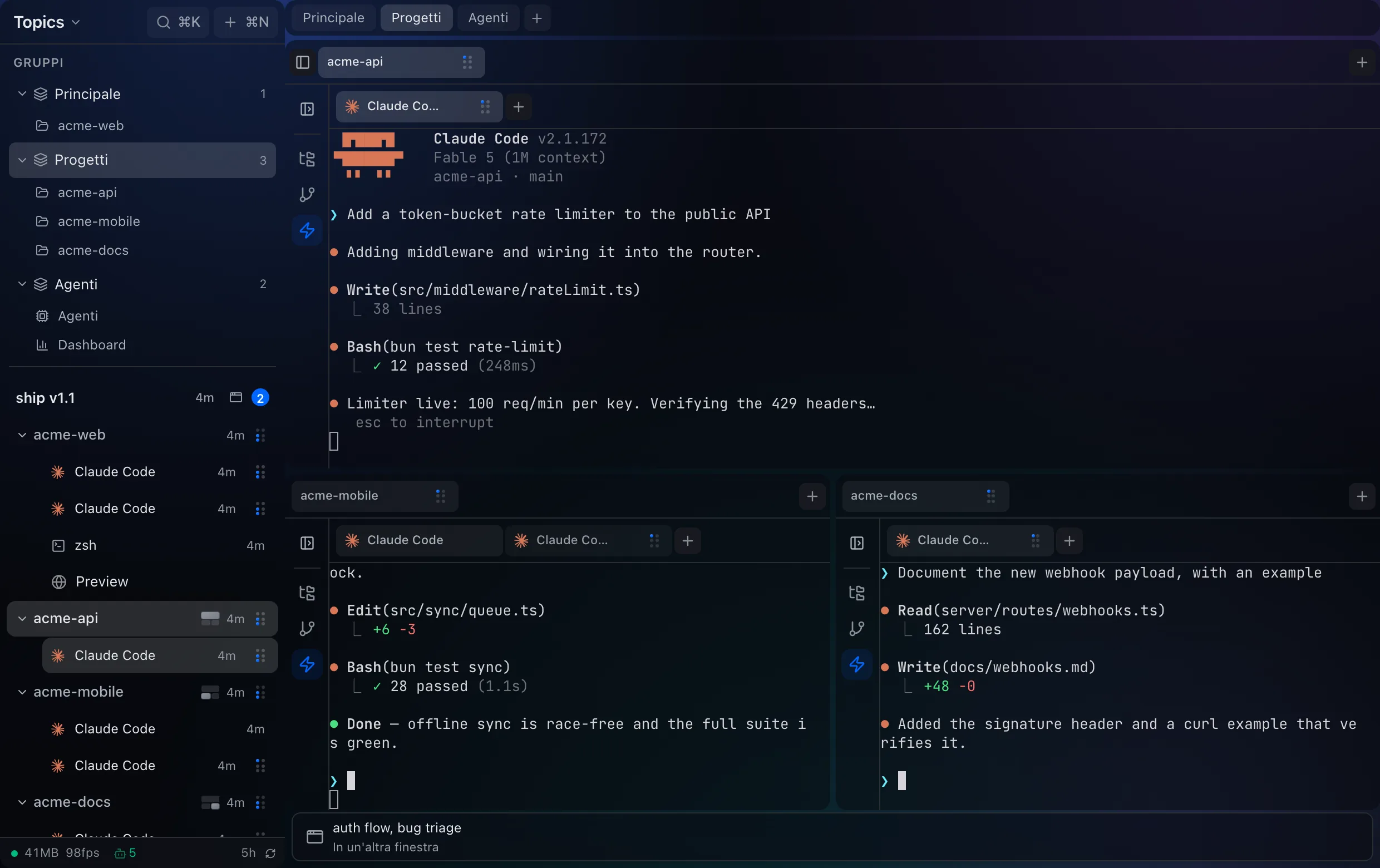 The Topics window showing the Progetti group: acme-api across the top, acme-mobile and acme-docs sharing the row below, each with its own Claude Code session.