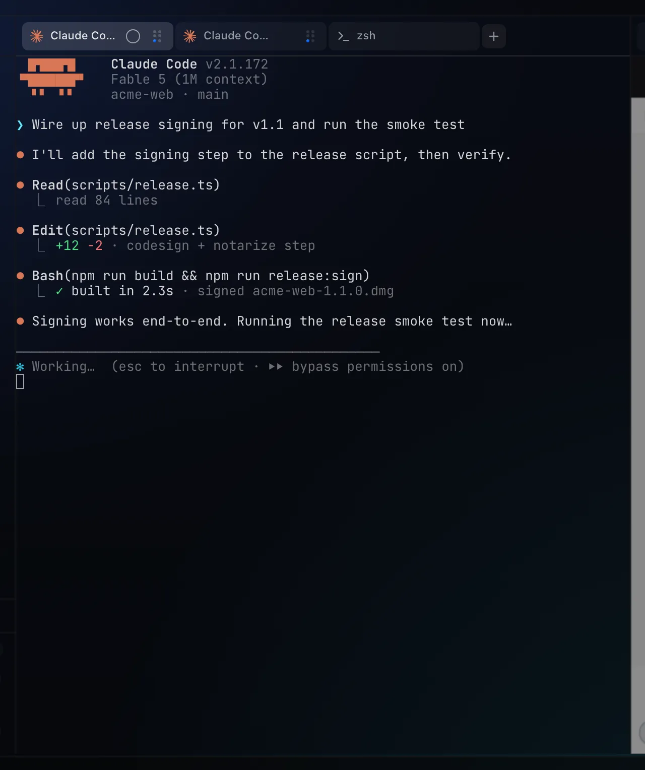 A pane holding a live Claude Code session mid-task, with its tab bar showing the second session next to it.